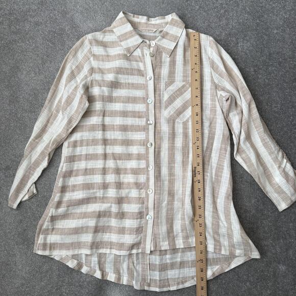Soft Surroundings Shirt Womens Small Tan White Stripe Linen Blend 3/4 Sleeve - Picture 8 of 11